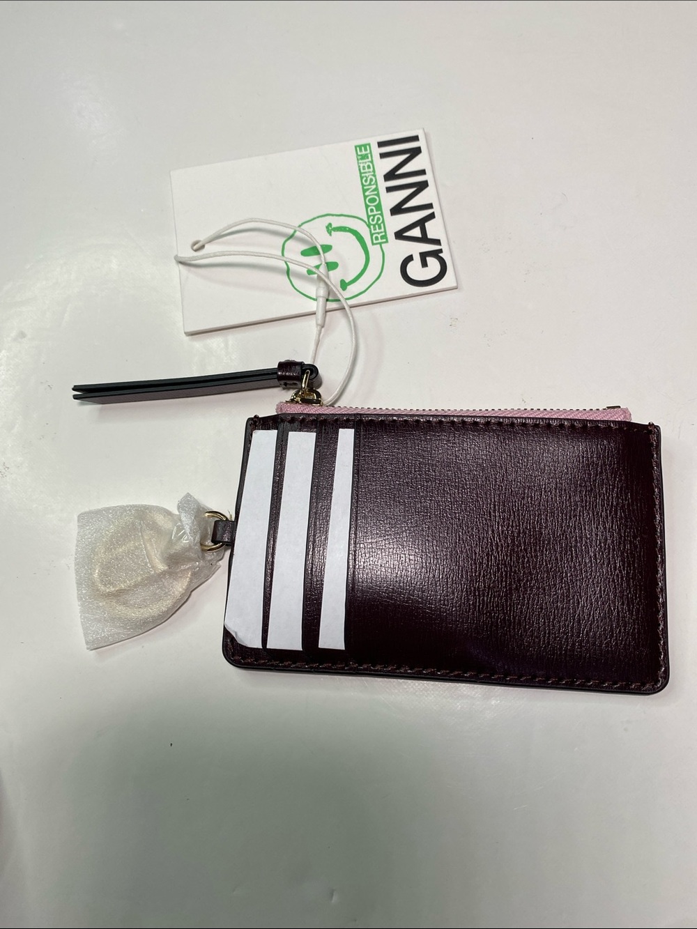 New GANNI Banner Leather Coin Purse Credit Card Holder Pink Dark Brown/ Burgundy - Picture 5 of 13